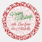 Chique donkerrood wit damast bloemenkunst patroon ronde sticker (Voorkant)