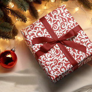 Chique donkerrood wit damast bloempatroon cadeaupapier