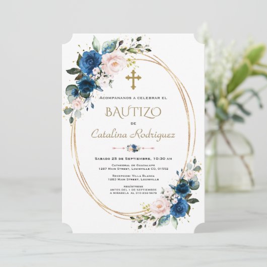 Chique doopuitnodiging Goud Met Bloemen Doopfeest Kaart (Staand voorkant)