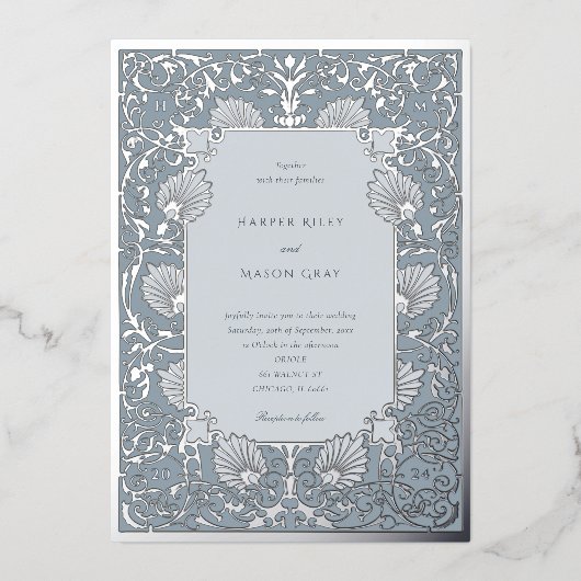 Chique Dusty Blauw en Zilveren Folie Bruiloft Folie Uitnodiging (Voorkant)