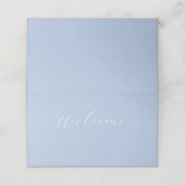 Chique Dusty Blauw & Wit Script Trouwtafel Plaatskaartje (Buitenkant ongevouwen)