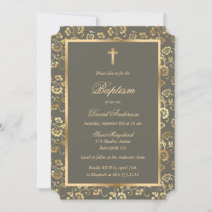 Chique Ebony Goud Cross Script Bloemen Doop Kaart