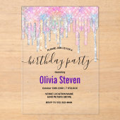 Chique eenhoorn druppels glitter monogram verjaard acryl uitnodigingen (Voorkant)