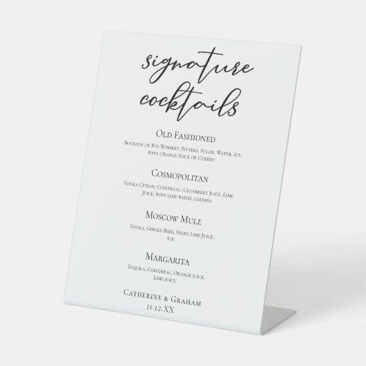 Chique eenvoudige bruiloft handtekening cocktails  reclamebord met voetstuk (Voorkant)