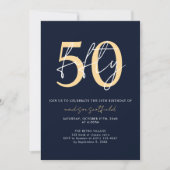 Chique eenvoudige minimalistische blauw goud 50ste kaart (Voorkant)