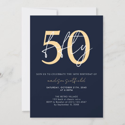 Chique eenvoudige minimalistische blauw goud 50ste kaart (Voorkant)