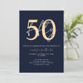 Chique eenvoudige minimalistische blauw goud 50ste kaart (Staand voorkant)