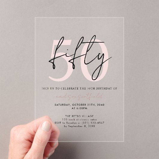 Chique eenvoudige minimalistische blush roze 50ste acryl uitnodigingen (Insitu (Draagbaar))