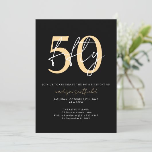 Chique eenvoudige minimalistische zwart goud 50e v kaart (Staand voorkant)