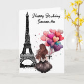Chique Eiffeltoren, Meisje, Hartballonnen Verjaard Kaart (Gele Bloem)