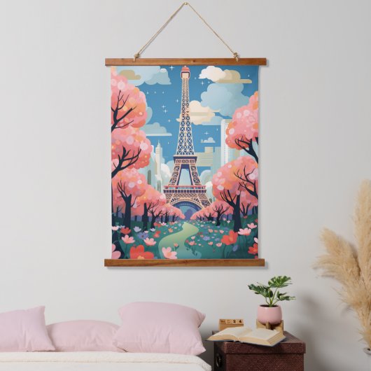 Chique Eiffeltoren Modern Parijs Bloemen Charm Hangend Wandkleed (Slaapkamer)