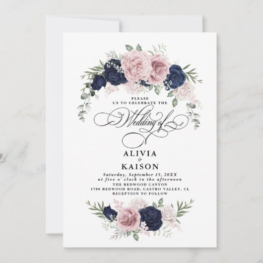 Chique Elegant Blush Navy Blauw Bruiloft Kaart (Voorkant)