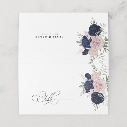Chique Elegant Blush Navy Blauw Bruiloft Plaatskaartje (Buitenkant ongevouwen)