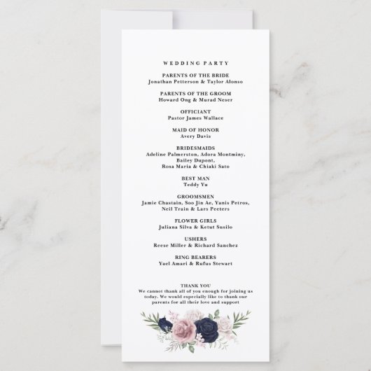 Chique Elegant Blush Navy Blauw Huwelijksprogramma (Achterkant)