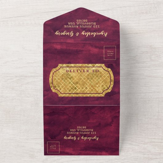 Chique Elegant Donker Bourgogne Goud Accent RSVP All In One Uitnodiging (Buitenkant)