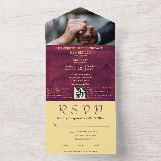 Chique Elegant Donker Bourgogne Goud Accent RSVP All In One Uitnodiging (Binnen)