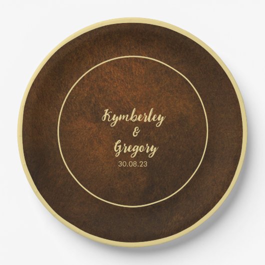 Chique Elegant Donkerbruin Getextureerd Goud Accen Papieren Bordje (Voorkant)