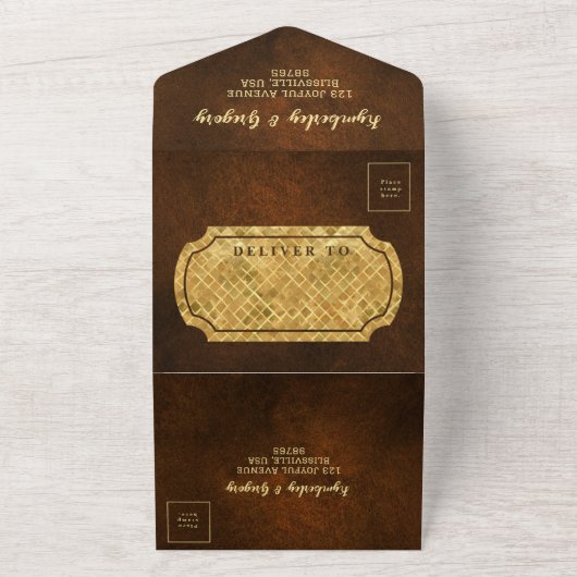 Chique Elegant Donkerbruin Textuur Goud Accent RSV All In One Uitnodiging (Buitenkant)