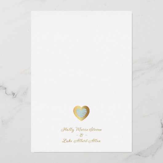 Chique Elegant Lichtblauw & Gouden Hart Foto Koppe Folie Uitnodiging (Achterkant)