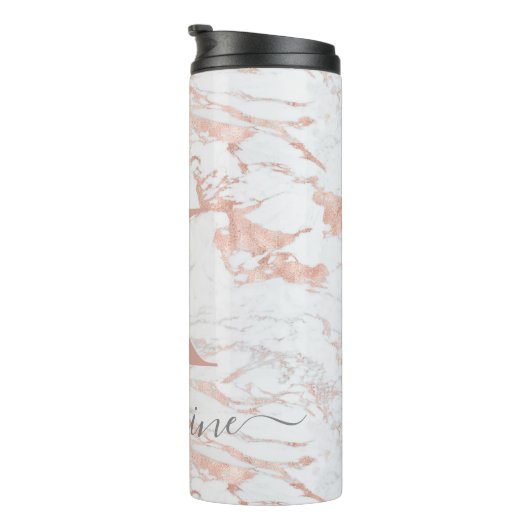 Chique Elegant Marmer en Roos Gouden Folie Monogra Thermosbeker (Geroteerd rechts)