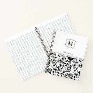Chique Elegant Monogram Zwart Wit Bloem Motief Notitieboek