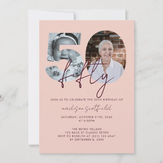 Chique Elegant Roos Goud Fotoscript 50e Verjaardag Kaart (Voorkant)