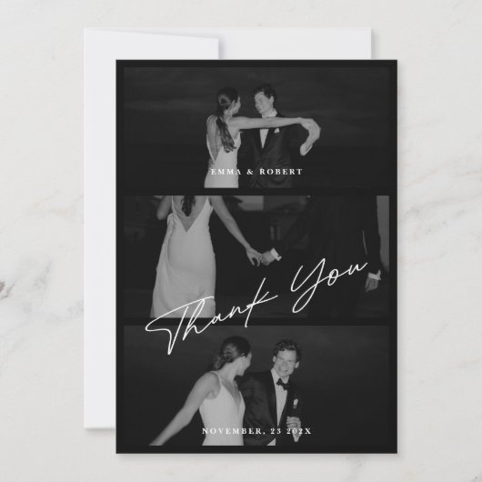 Chique Elegant Script Zwart 3 foto bruiloft Bedankkaart (Voorkant)