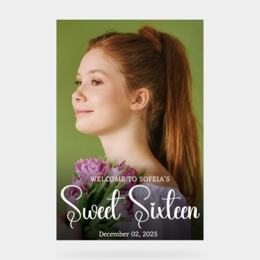 Chique Elegant Wit Script Sweet Sixteen Foto Acry Acryl Bord (Voorkant)