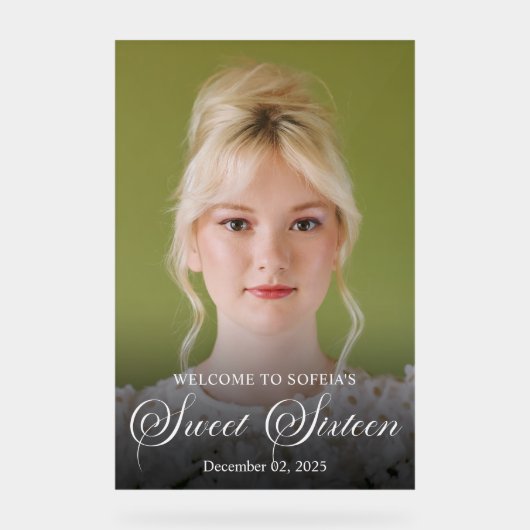 Chique Elegant Wit Script Sweet Sixteen Foto Acryl Bord (Voorkant)