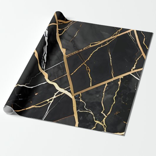 Chique Elegant zwart goudgeel Faux Marble Cadeaupapier (Uitgerold)