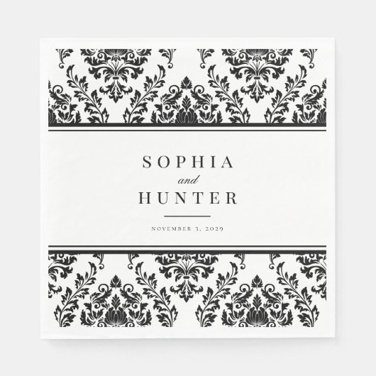 Chique Elegant Zwart Wit Damast Bruiloft Servet (Voorkant)