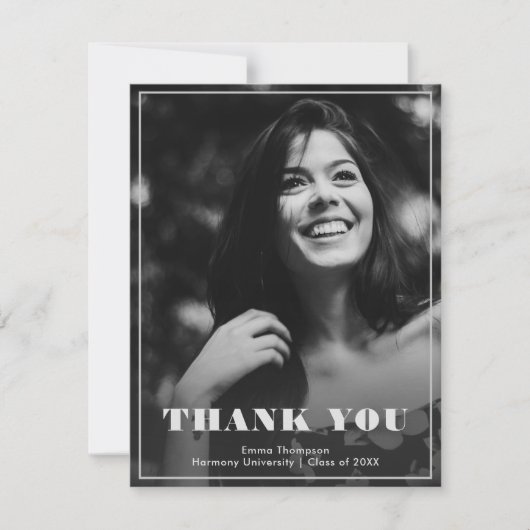 Chique Elegant Zwart & Wit Foto Afstuderen Bedankkaart (Voorkant)