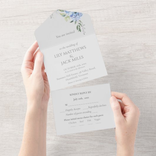 Chique Elegante Blauwe Periwinkle Hydrangea Bloeme All In One Uitnodiging (Afscheurbaar)