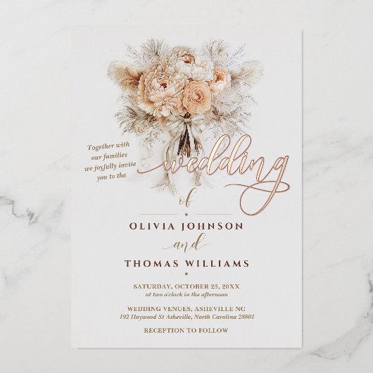 Chique Elegante Boho Stijl Bloemrijke Scriptie Bru Folie Uitnodiging (Voorkant)