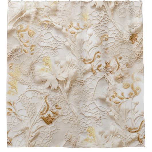 Chique, elegante crèmes & lederen bloem textuur lo douchegordijn (Voorkant)