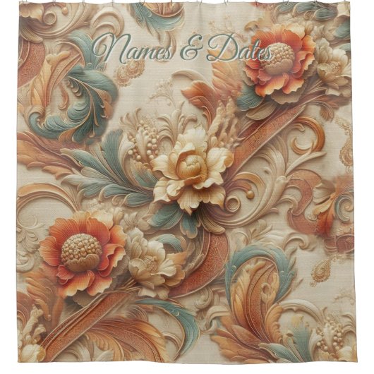 Chique, elegante crèmes & lederen bloem textuur lo douchegordijn (Voorkant)