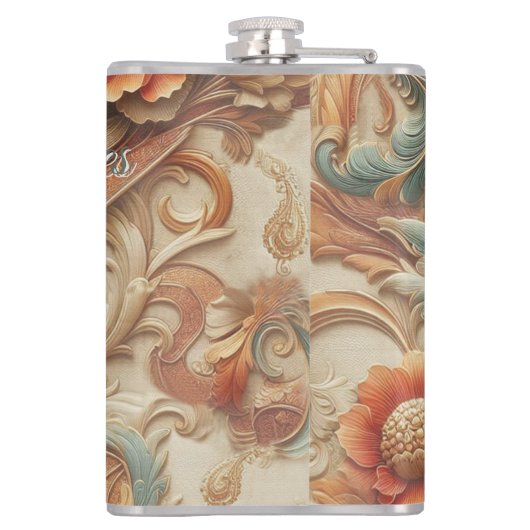 Chique, elegante crèmes & lederen bloem textuur lo heupfles (Achterkant)