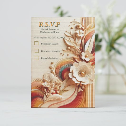 Chique, elegante crèmes & lederen bloem textuur lo RSVP kaartje (Staand voorkant)