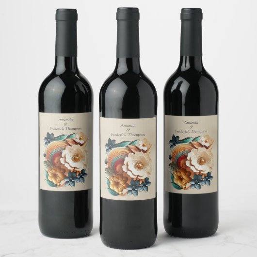 Chique, elegante crèmes & lederen bloem textuur lo wijn etiket (Flessen)