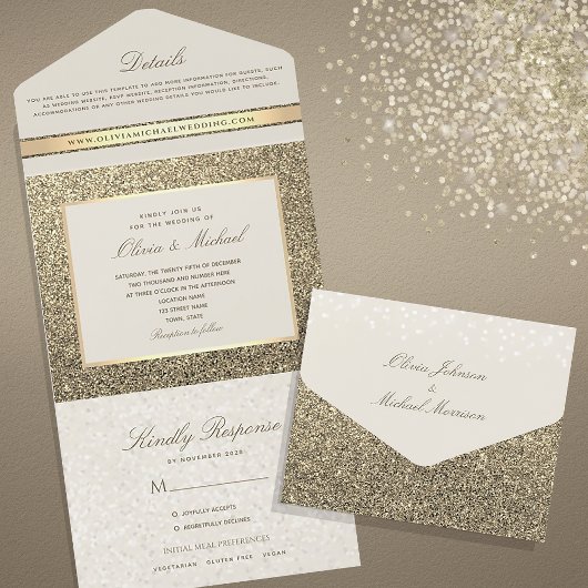 Chique Elegante Glitter Gouden Bruiloft All In One Uitnodiging