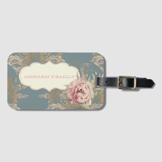 Chique Elegante Gouden Damastrozen Bagagelabel (Voorkant (horizontaal))