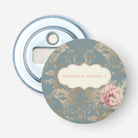 Chique Elegante Gouden Damastrozen    Button Flesopener (Voorkant)