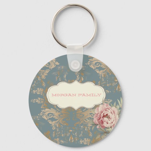 Chique Elegante Gouden Damastrozen Sleutelhanger (Voorkant)