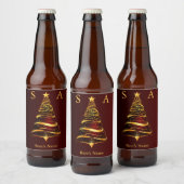 Chique elegante gouden kerstboom monogram bruiloft bier etiket (Flessen)