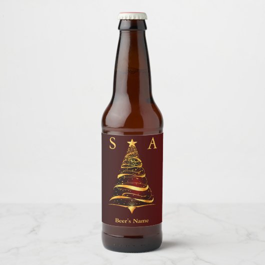 Chique elegante gouden kerstboom monogram bruiloft bier etiket (Voorkant)