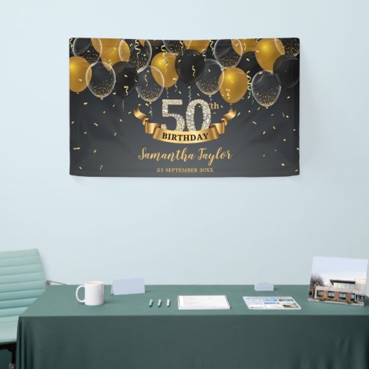 Chique elegante gouden zwarte diamant elke leeftij spandoek (Beurs)