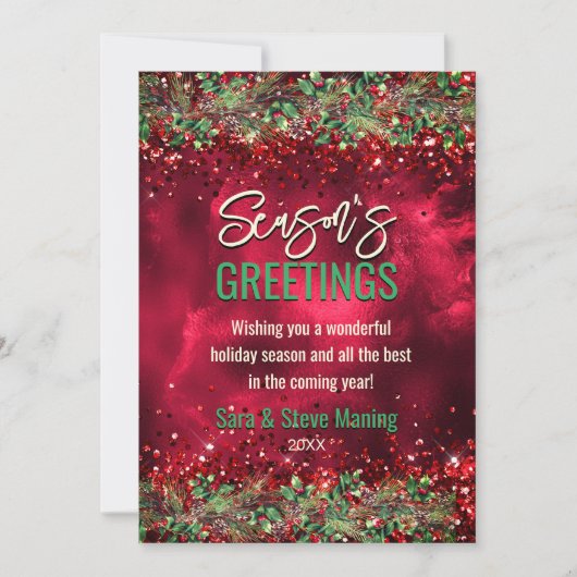 Chique elegante groene rode bloemenkerstfeest feestdagenkaart (Voorkant)