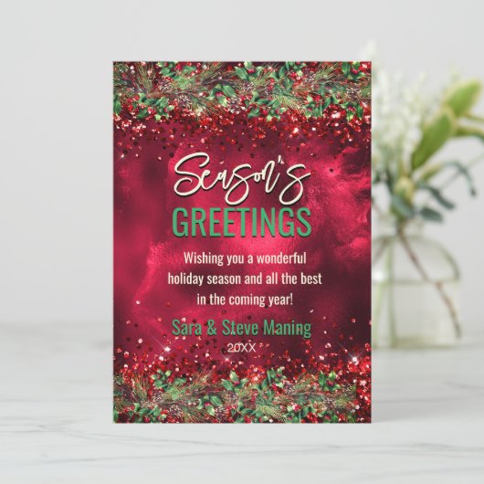 Chique elegante groene rode bloemenkerstfeest feestdagenkaart (Staand voorkant)