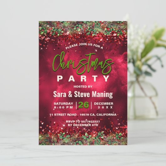 Chique elegante groene rode bloemenkerstfeest kaart (Staand voorkant)