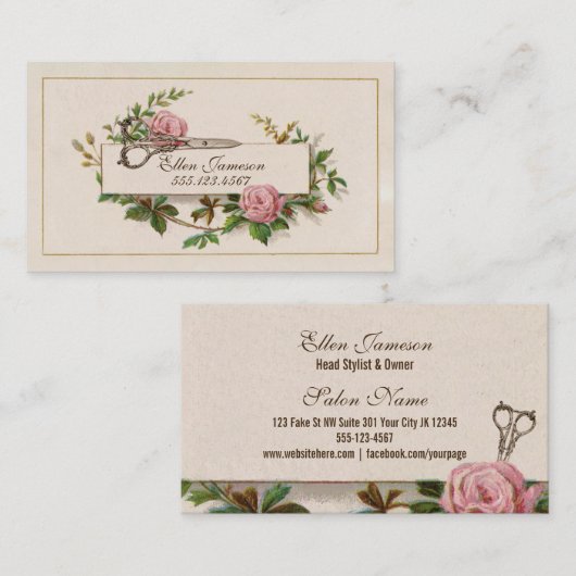  chique elegante haarstyliste roze bloemig visitekaartje (Voorkant / Achterkant)